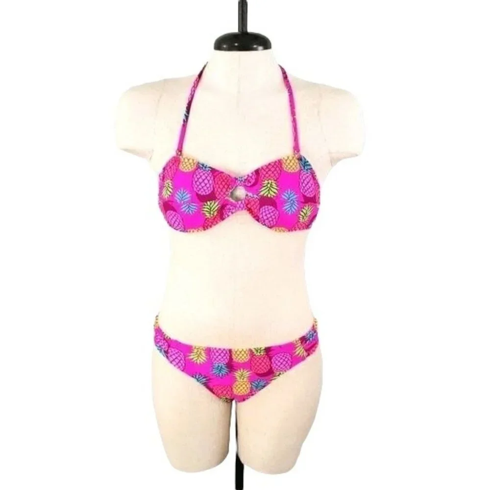California Waves pink pineapple bandeau bikini women's size small